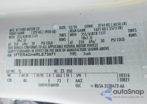 2024 Ford Ranger Xlt z USA, uszkodzony, nr VIN 1FTER4GH4RLE73071